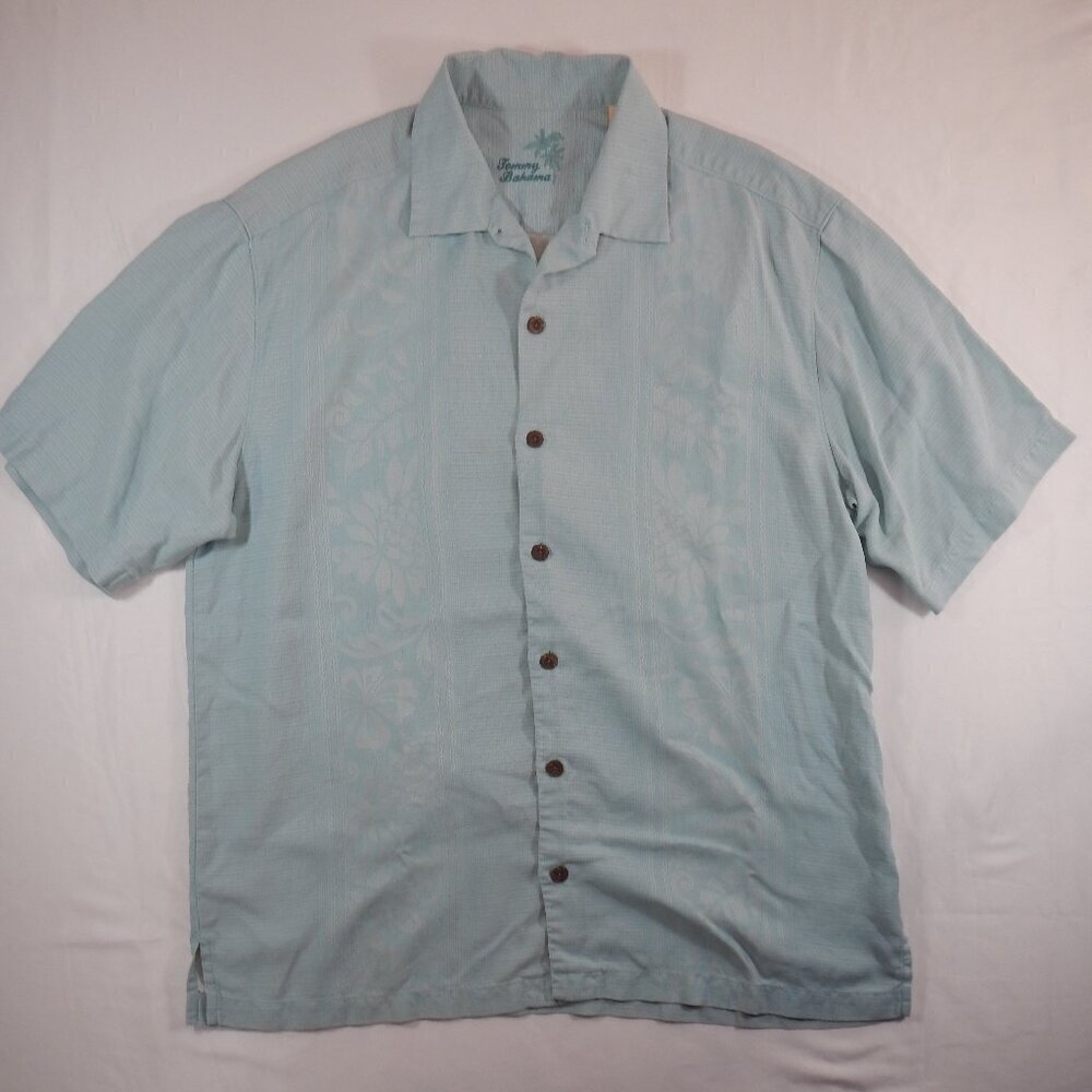 Tommy Bahama 100%Silk Button Up Short Sleeve Teal Blue Size Large